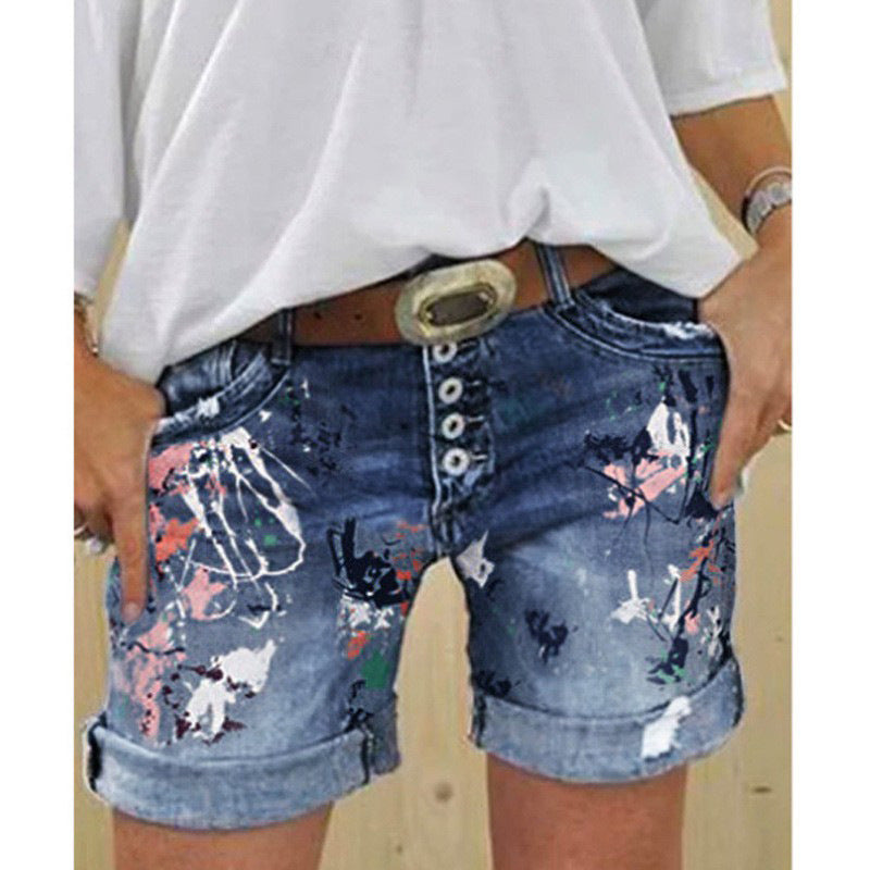 Short en jean imprimé taille haute élastique pour femme, fermeture boutonnée, grande taille, modèle tendance