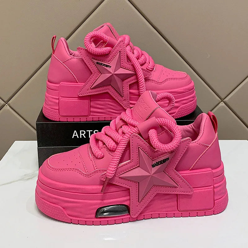 Women's Platform Sneakers, Casual Sports Shoes, Custom Star Design, Vulcanized, for Outdoor Running and Walking, Sizes 35-40.