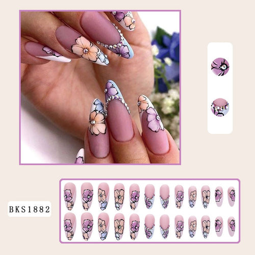 Almond manicure, natural look, trendy style, medium-length nails, patch effect.