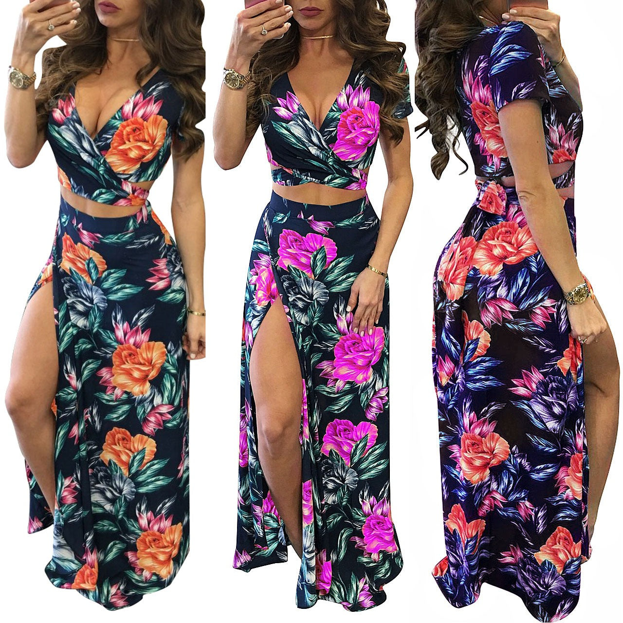 25,54 USD - Ensemble deux pièces robe fleurie classique en promotion