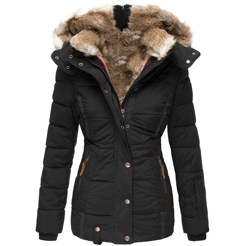 Women's warm winter coat in wool and cotton, wool collar, zip closure, long sleeves, slim fit, hood