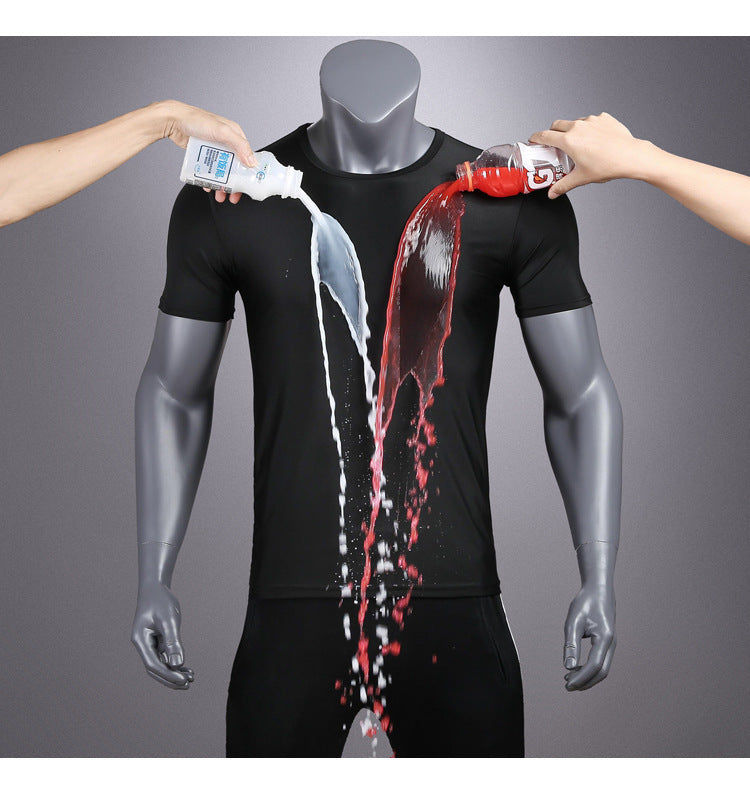 25,61 USD - T-shirt de sport à manches courtes pour homme, col rond, couleur unie, déperlant, haute technologie, anti-taches et à séchage rapide, idéal pour l'été.