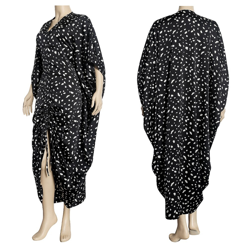 Autumn Irregular Waist Leopard Pattern V-Neck Loose Drawstring Dress African Plus Size Women's Clothing