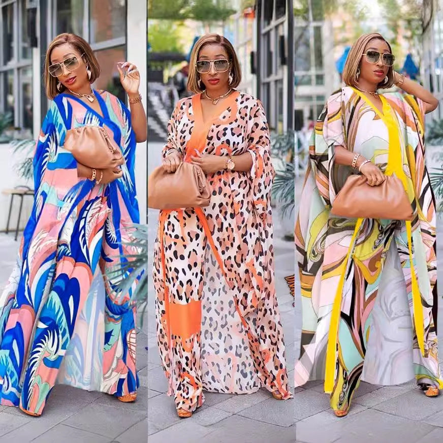 Ensemble deux pièces : cardigan en mousseline et pantalon ample (style robe africaine)
