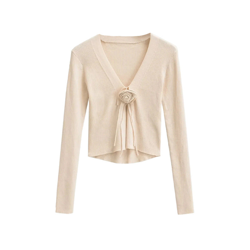 Spicy girl design V-neck chest rose long sleeved knitted sweater autumn new slim fit outerwear short cardigan top