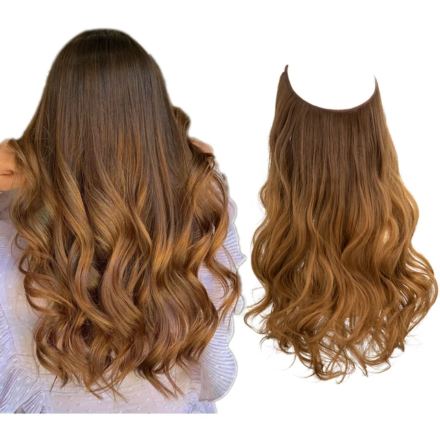 Extension capillaire monobloc pour femme offrant un volume généreux ; modèle en forme de U avec fil invisible, pour une chevelure longue, bouclée et naturelle.