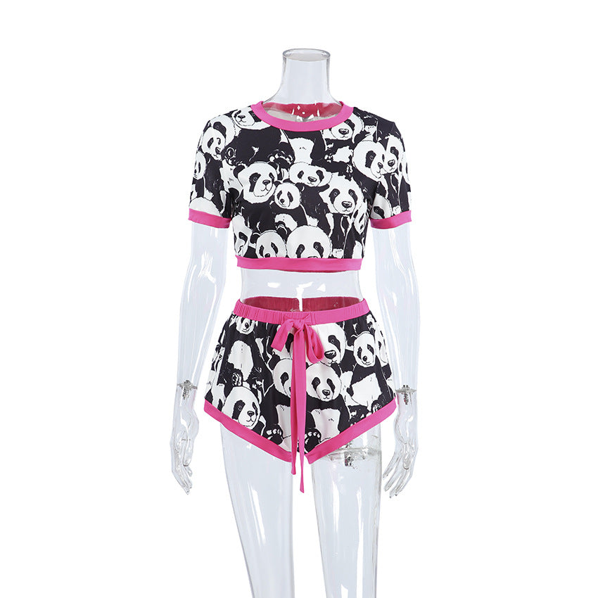 Ensemble deux pièces pour femme : crop top patchwork à imprimé panda et short à nouer - Vêtements d'intérieur