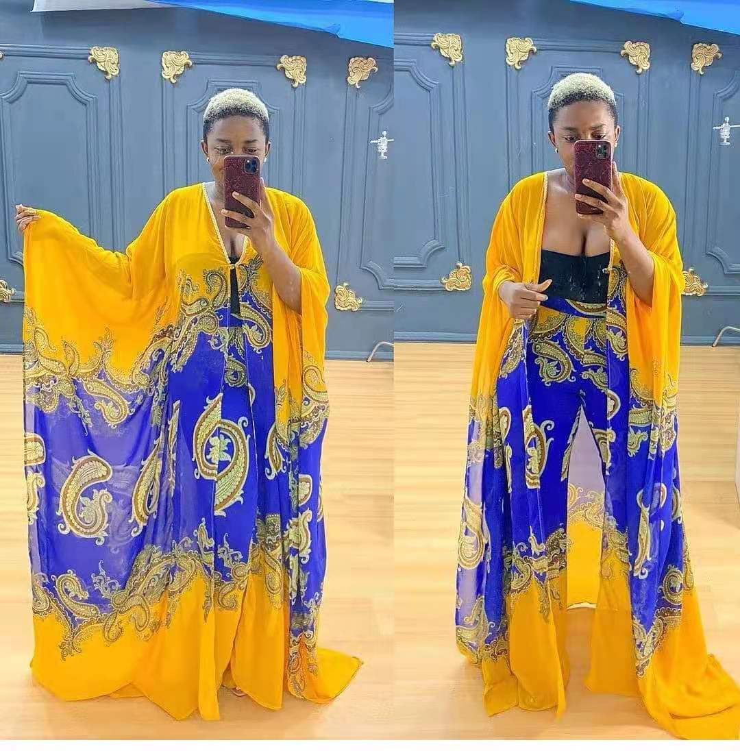 Ensemble deux pièces : cardigan en mousseline et pantalon ample (style robe africaine)