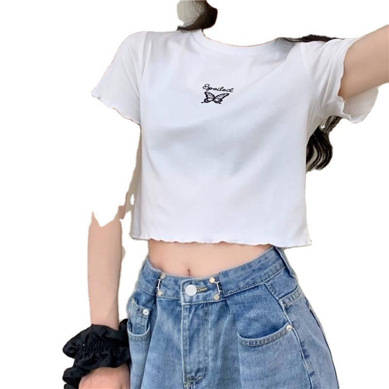 High Waist Crop Top Women's Slim Fit Stretchy Versatile Butterfly Embroidery Short Sleeve T-Shirt