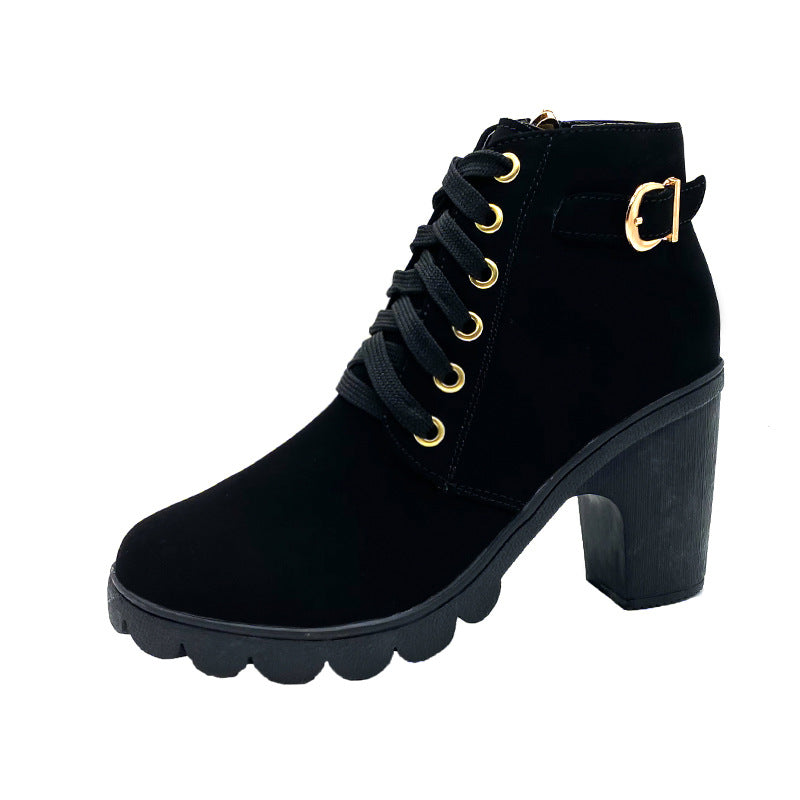 Women's high-heeled Martin boots, buckle, chunky heel, and round toe