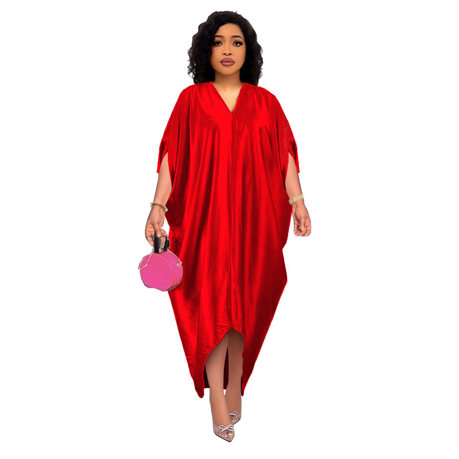 Robe grande taille pour femme, style africain, couleur unie et col en V (collection printemps)