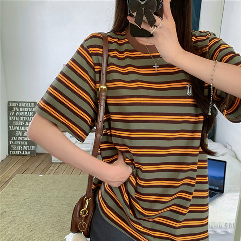 Women's Casual Vintage Color-Block Striped Short-Sleeve T-shirt