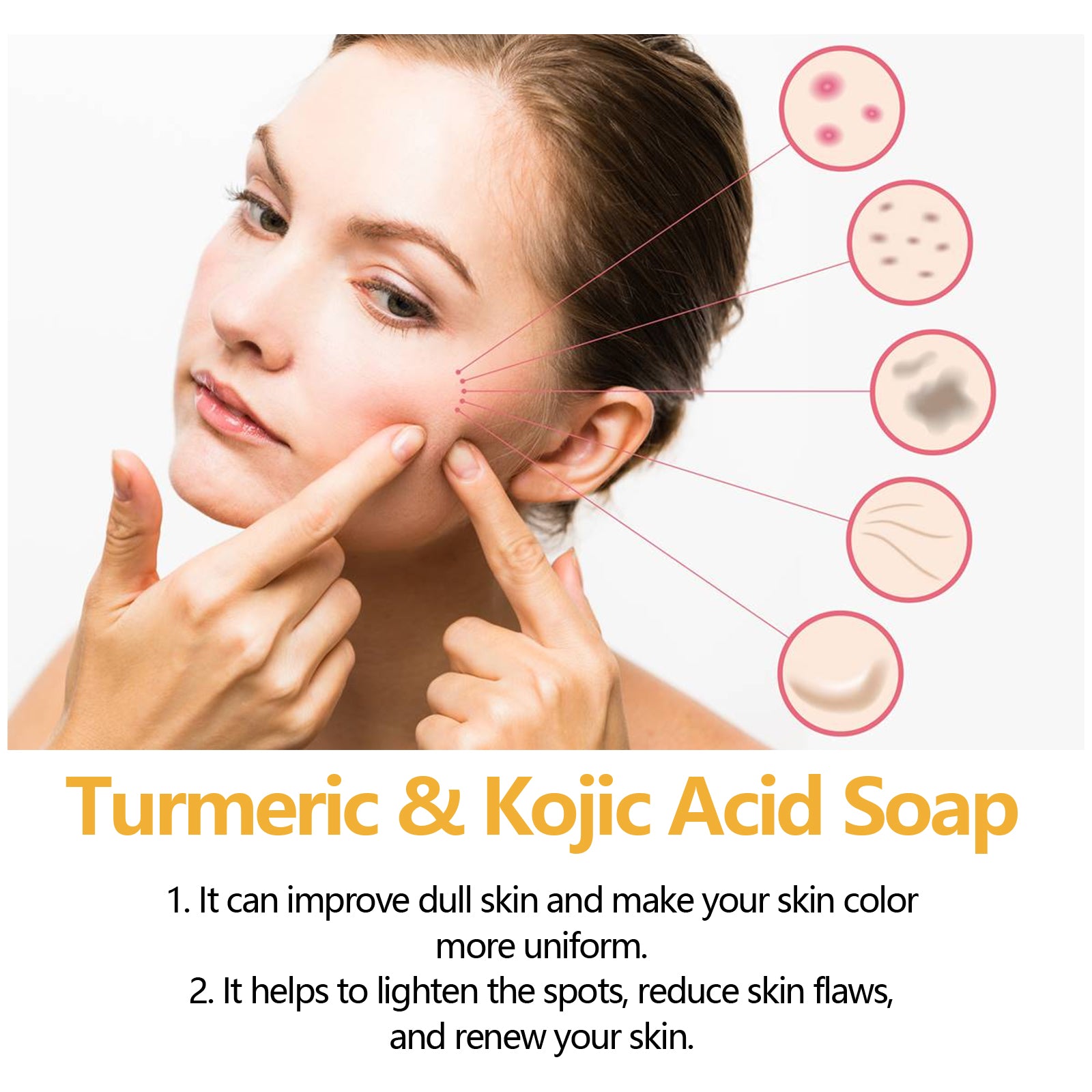 17.44 USD - Turmeric and Kojic Acid Soap, gently cleanses the face, fades spots, brightens the complexion, and moisturizes the skin for an even tone.