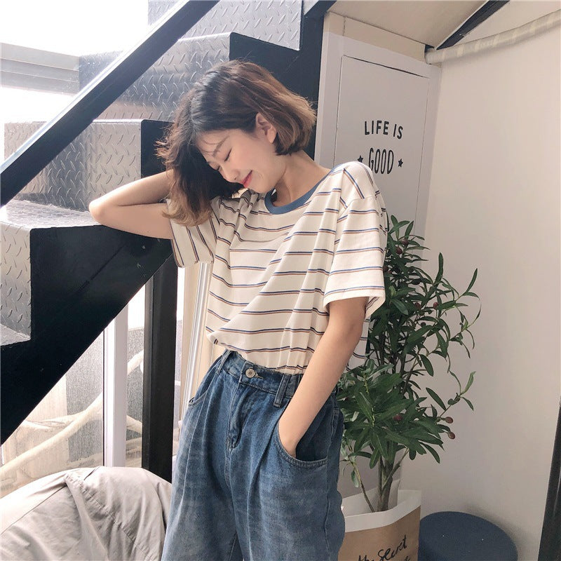 Academy Style Loose Slim Fit Striped Student Top Women's T-Shirt Casual Short Sleeve Tee