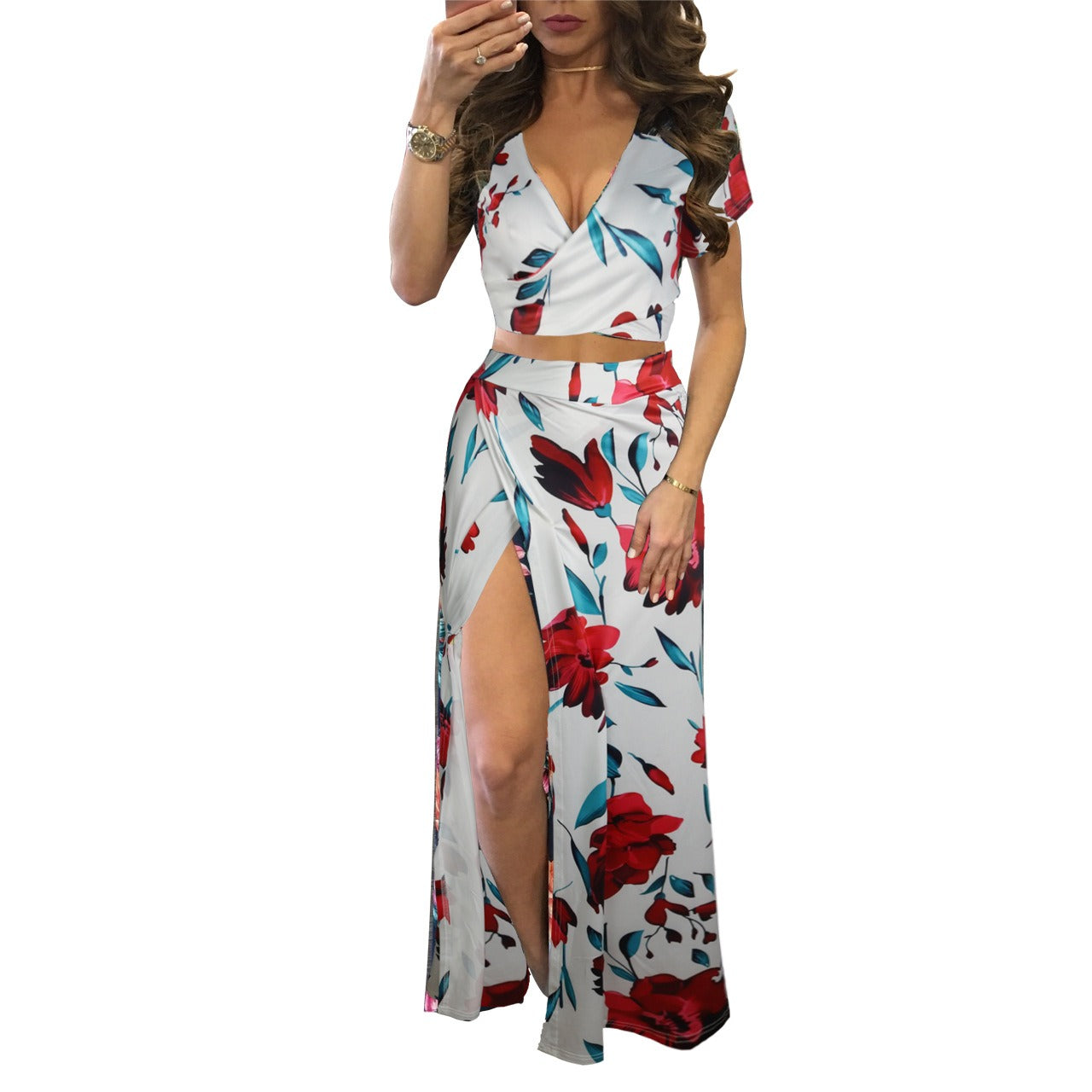 25,54 USD - Ensemble deux pièces robe fleurie classique en promotion