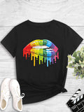 T-shirt pull à col rond imprimé lèvres pour femme