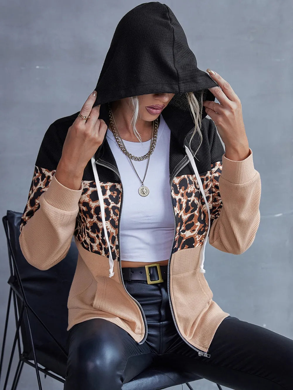 Leopard print zipped hoodie with drawstring