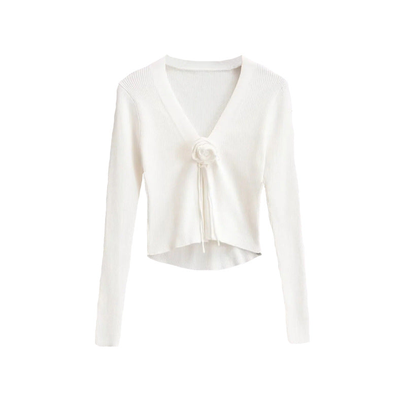 Gilet court en maille style « Spicy Girl » : col en V, motif rose sur la poitrine, manches longues et coupe ajustée (nouveauté automne).