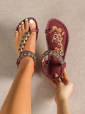 Women's Summer Flat Sandals, Western-Asian Ethnic Style, Embellished with Beads and Diamonds, with Rhinestone Clips.