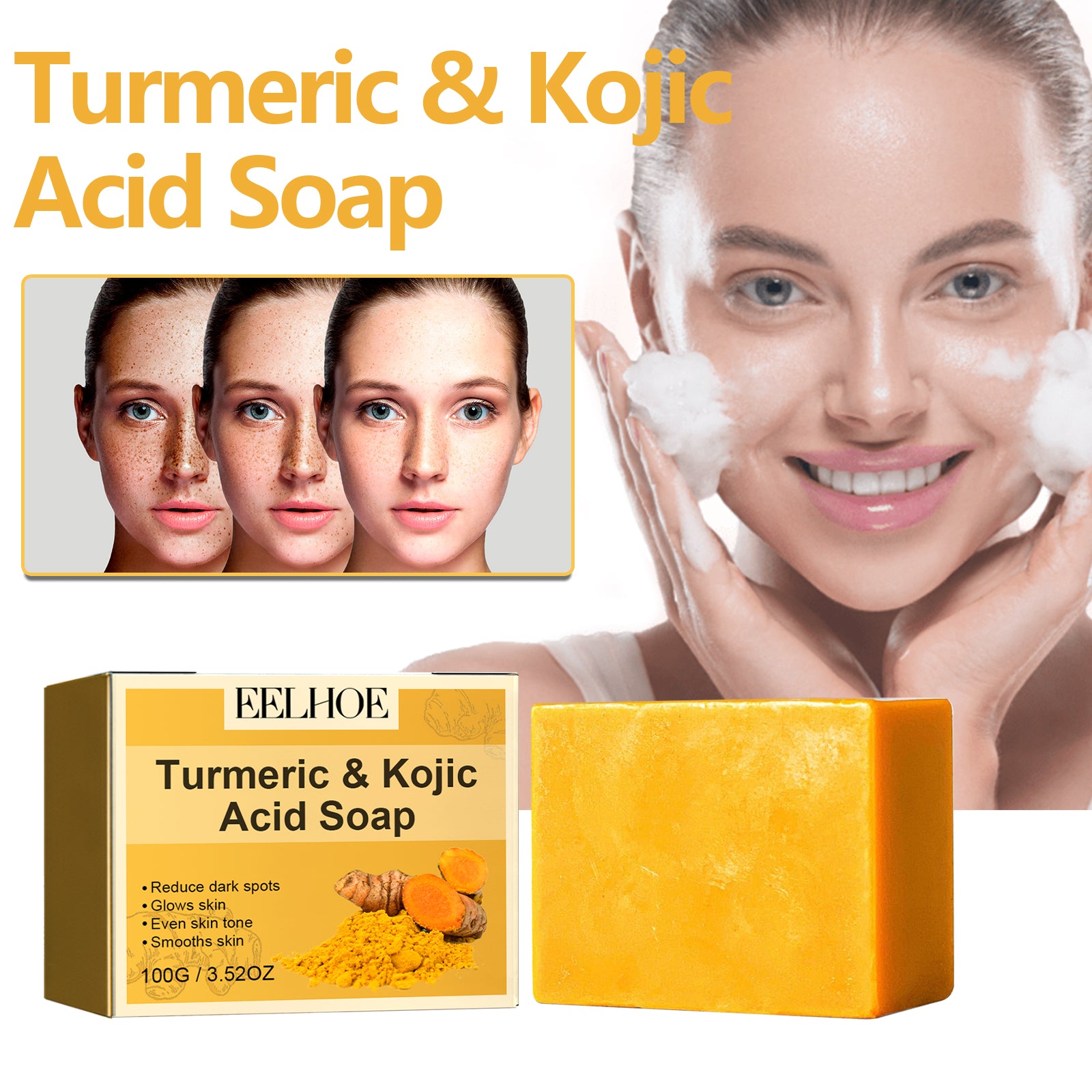 17.44 USD - Turmeric and Kojic Acid Soap, gently cleanses the face, fades spots, brightens the complexion, and moisturizes the skin for an even tone.