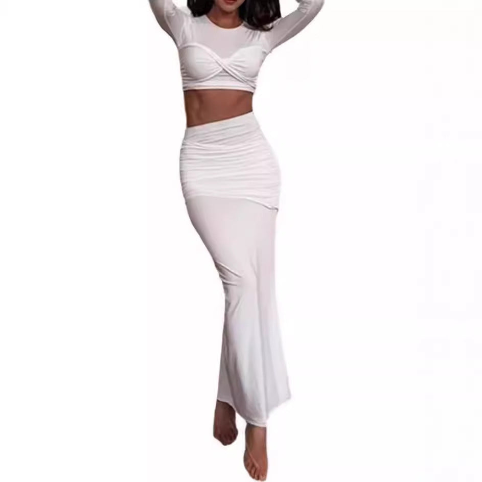 Solid Mermaid Skirt and Long-Sleeve Crop Top Casual Set