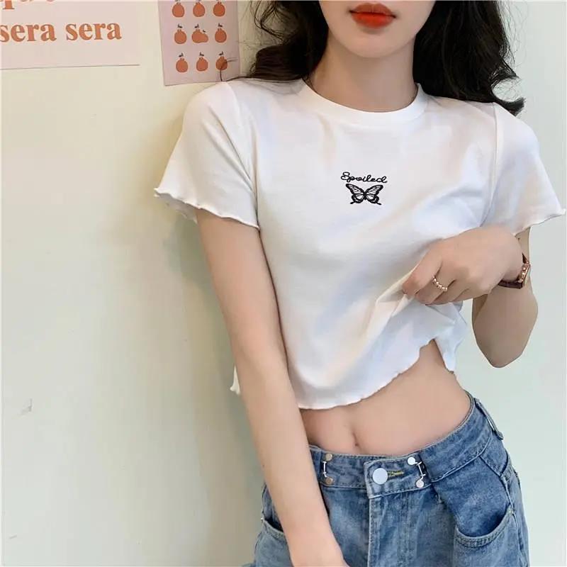 T-shirt court et extensible pour femme, coupe ajustée, taille haute, manches courtes et broderie papillon