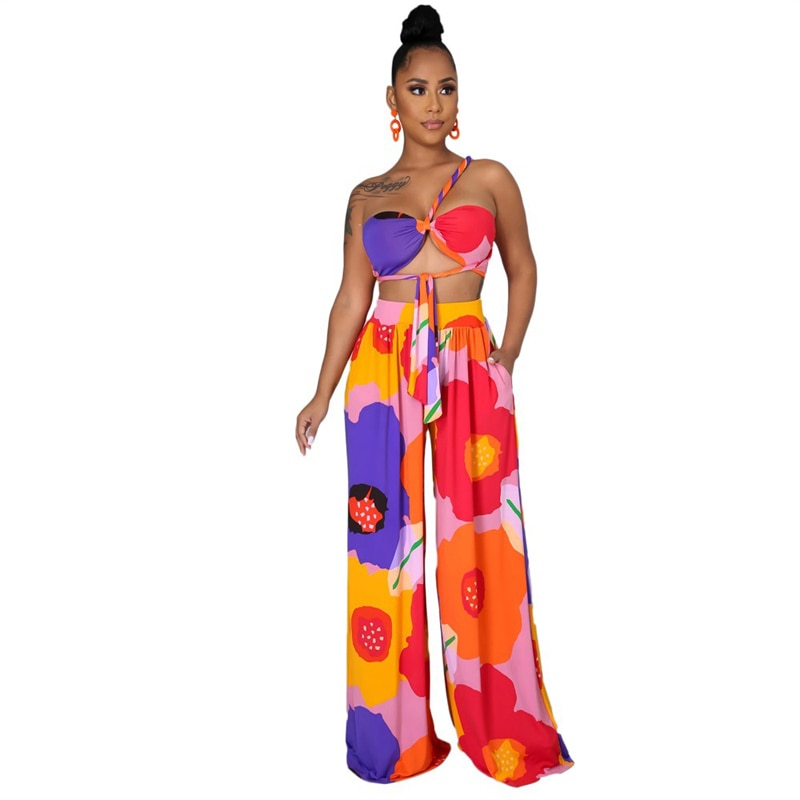 Vêtements pour Femmes Robe Longue Imprimée Florale Nouveau Haut Tube Élégant Décontracté Pantalon Col V Ensemble 2 Pièces Femme