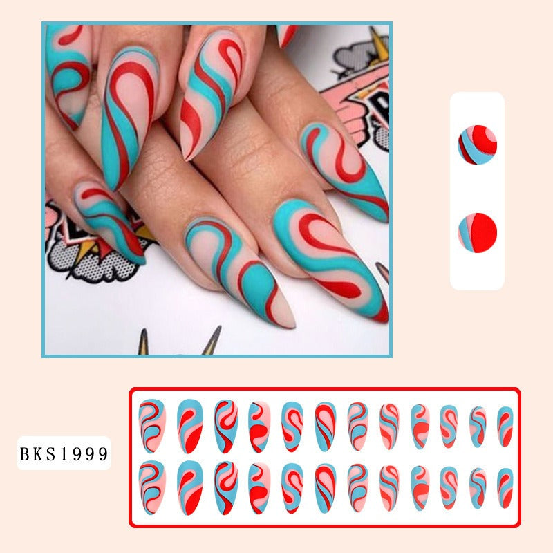 Almond manicure, natural look, trendy style, medium-length nails, patch effect.
