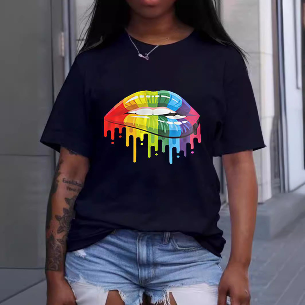 T-shirt pull à col rond imprimé lèvres pour femme