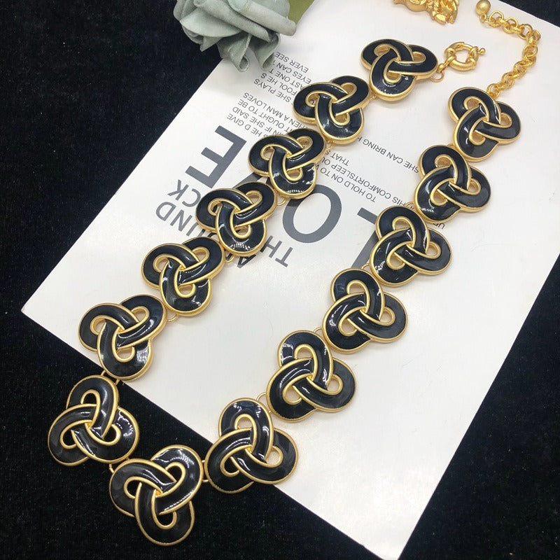 Classic black enamel necklace and earrings set