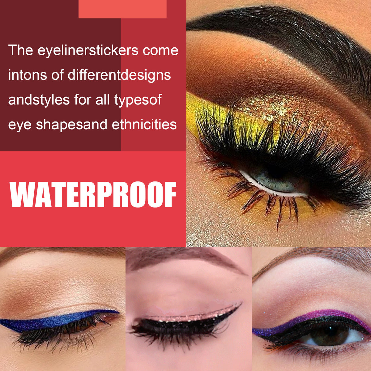 Lot de 4 paires d'autocollants eyeliner et faux cils, bandes de gel auto-adhésives sans colle et faux cils recourbés.