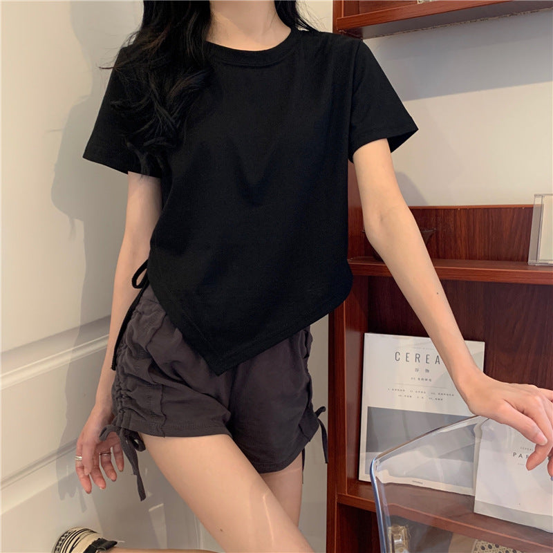 Women's Irregular Drawstring Short-Sleeved Crop Top, Casual Streetwear Student Style.