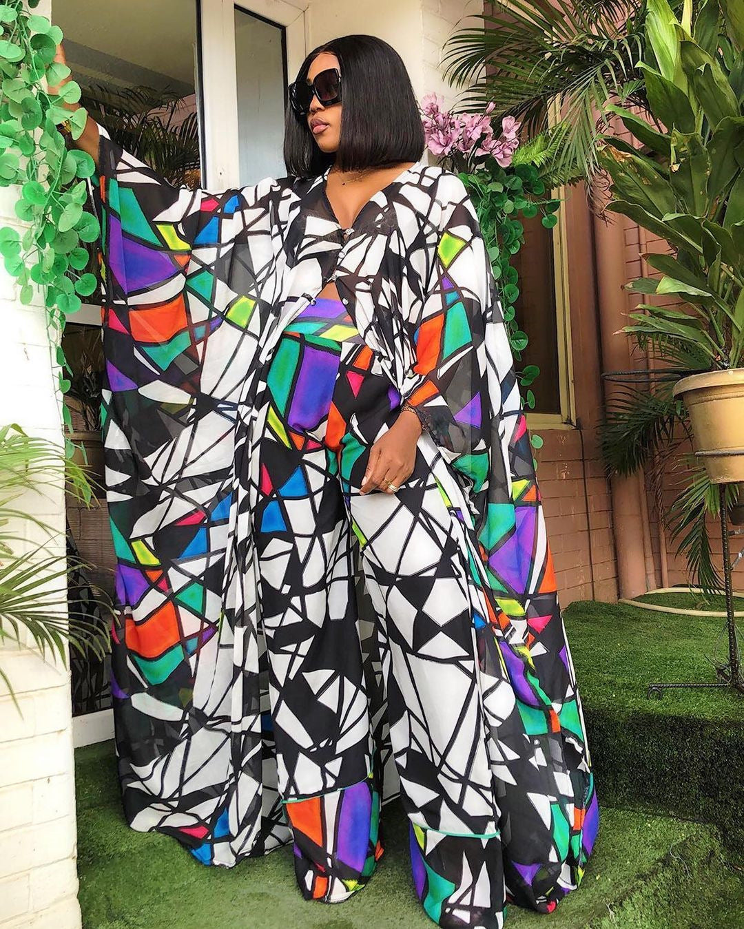 Ensemble deux pièces : cardigan en mousseline et pantalon ample (style robe africaine)