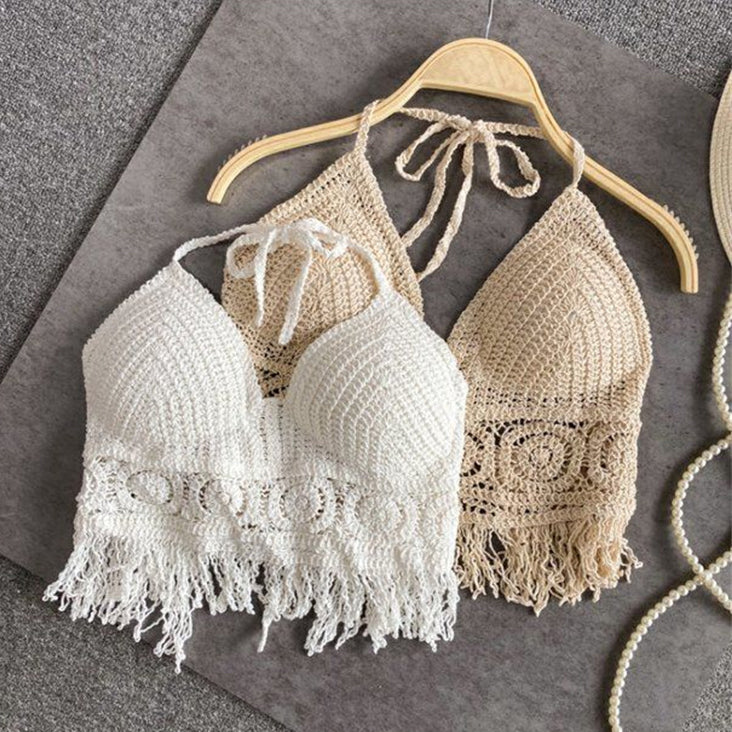 Women's embroidered hollow-out bralette with high neck, short, open back, inner straps and chest pads