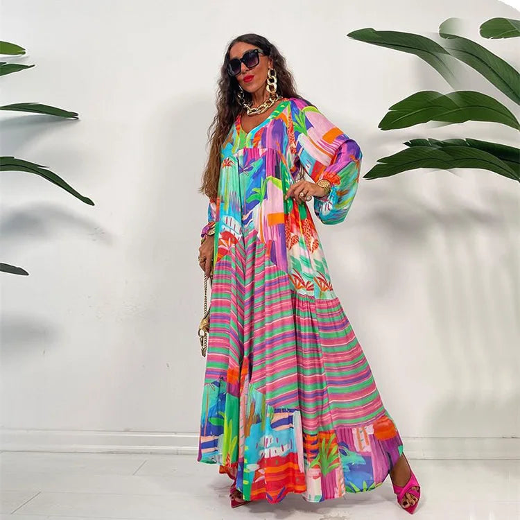 Spring Summer African Women Long Sleeve V-neck Printing Long Dress Maxi Dress Dashiki African Dresses for Women XS-3XL