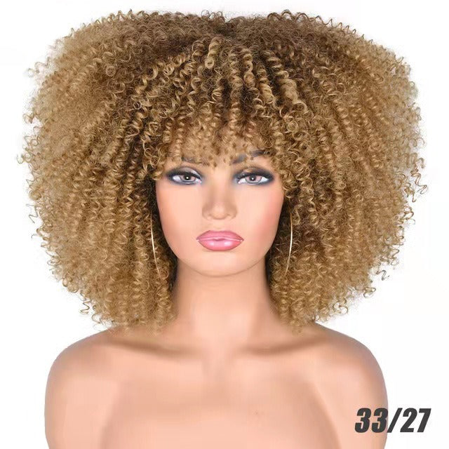 Perruque afro bouclée noire en fibres synthétiques, ensemble complet