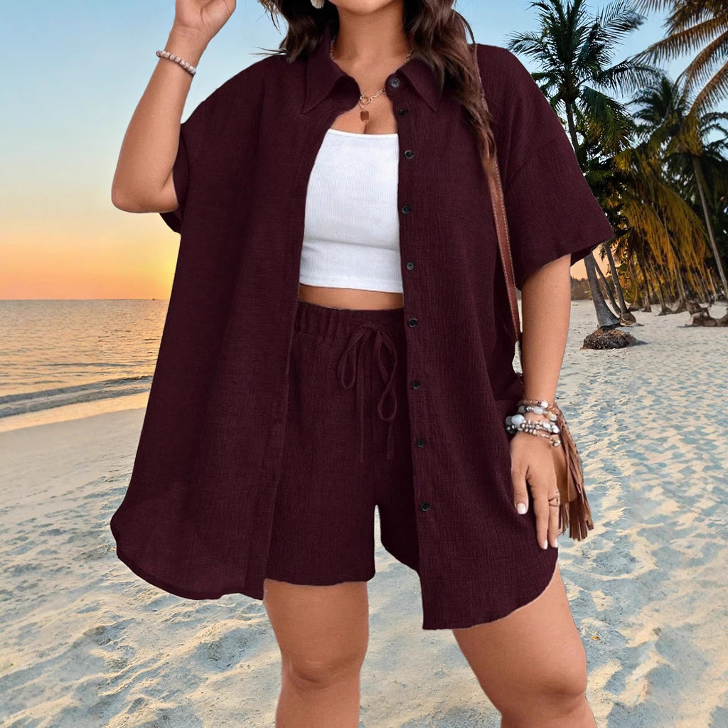 Ensemble cardigan et short boutonné, couleur unie, style vacances, pour femme, grandes tailles.
