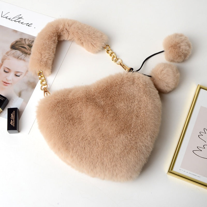 Women's Cyber Red Fashion Plush Heart-shaped Handbag, Slanted Style, with Hair Clip and Wallet.