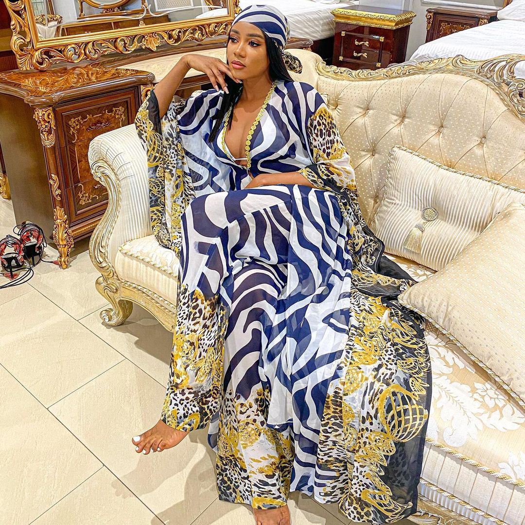 Ensemble deux pièces : cardigan en mousseline et pantalon ample (style robe africaine)