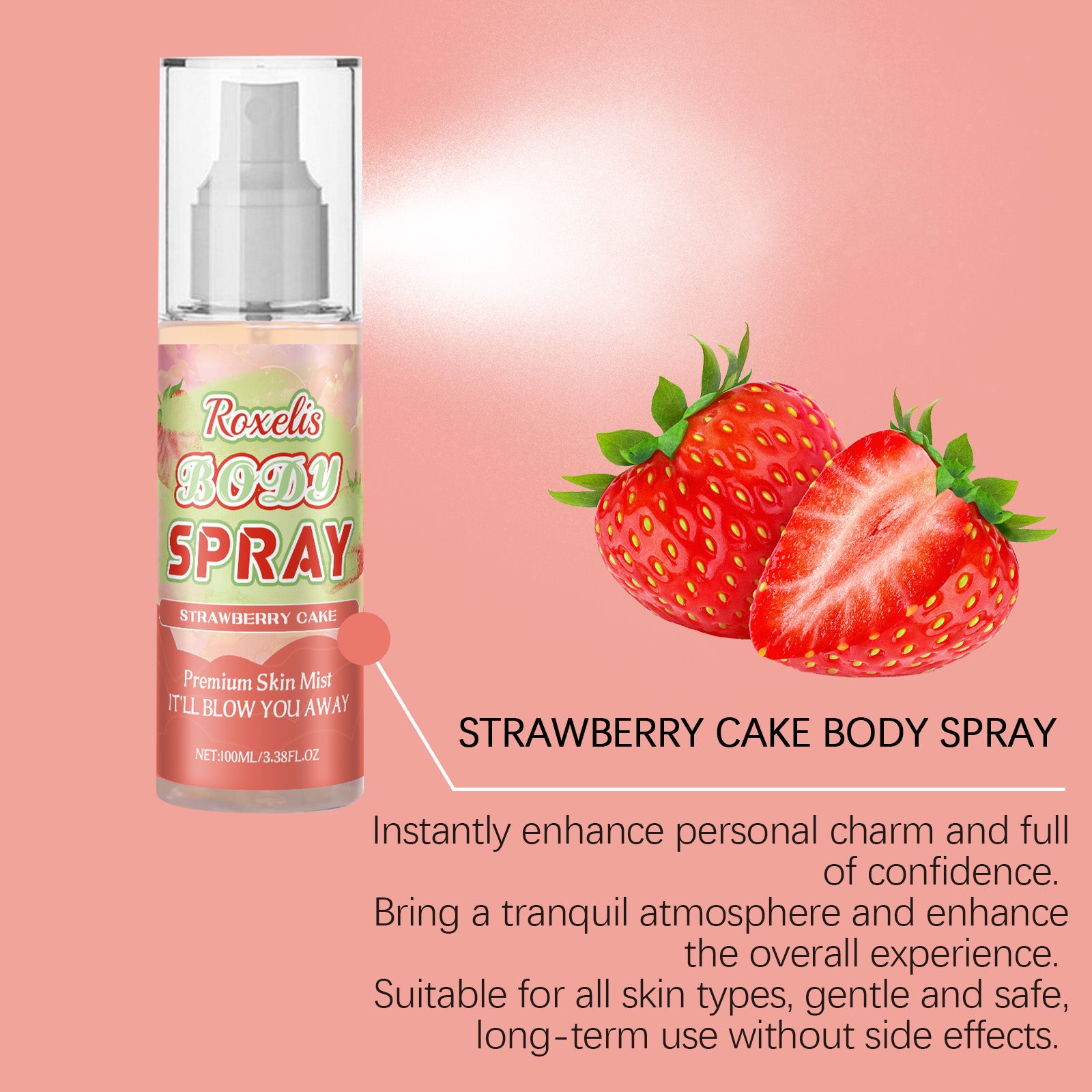 16.30 USD - Roxelis Strawberry Cake Fragrance Body Mist - Long-lasting Fresh Scent with Sweet Notes - Light and Elegant Multi-Layered Scent