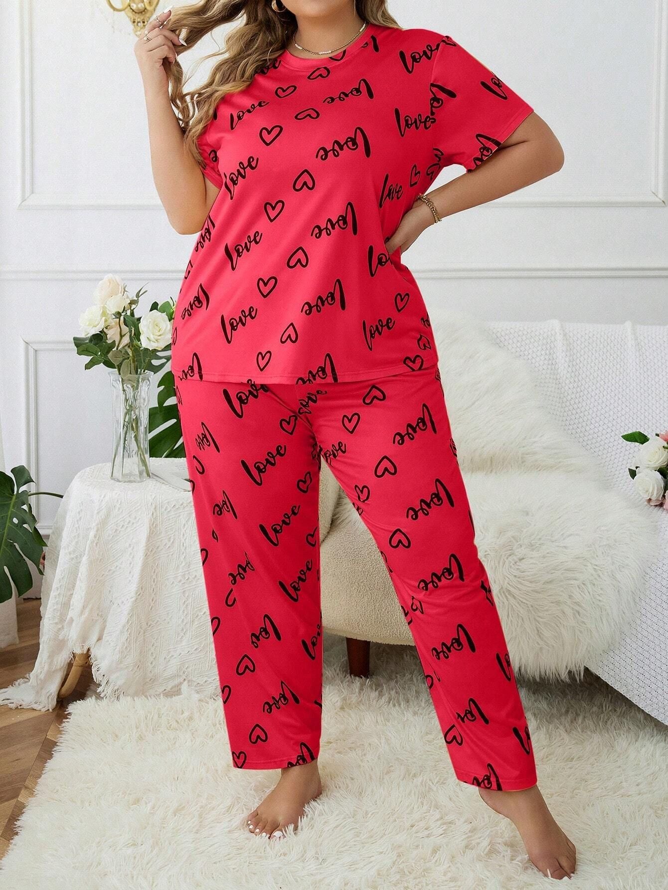 Ensemble de pyjama femme grande taille à manches courtes et pantalon long, col rond et lettre cœur