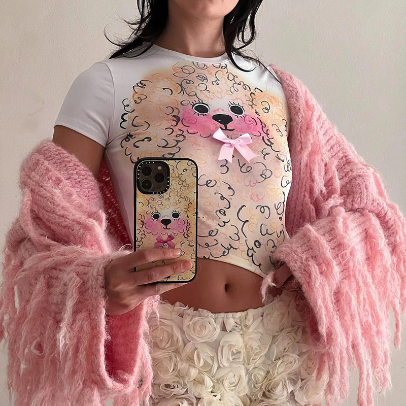 Camiseta corta con estampado de cachorro rizado y ombligo expuesto para mujer