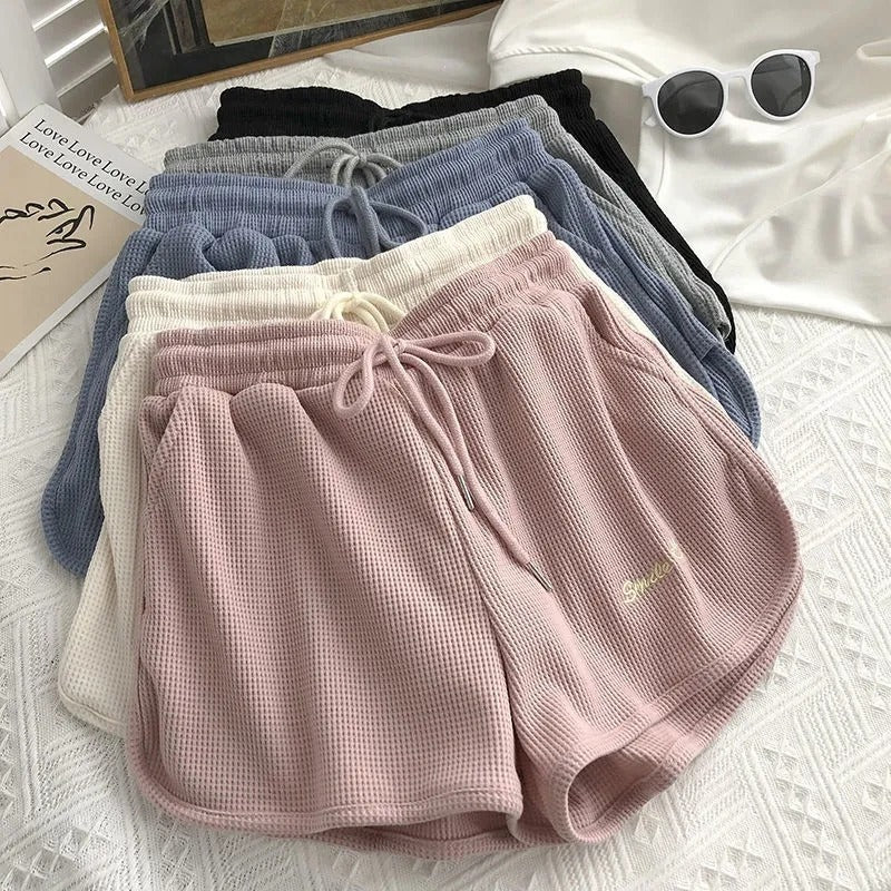 17,35 USD - Short de survêtement en maille gaufrée pour femme, idéal pour l'été, décontracté, ample, taille haute, à porter à la maison, jambes larges, short court, vêtement d'extérieur