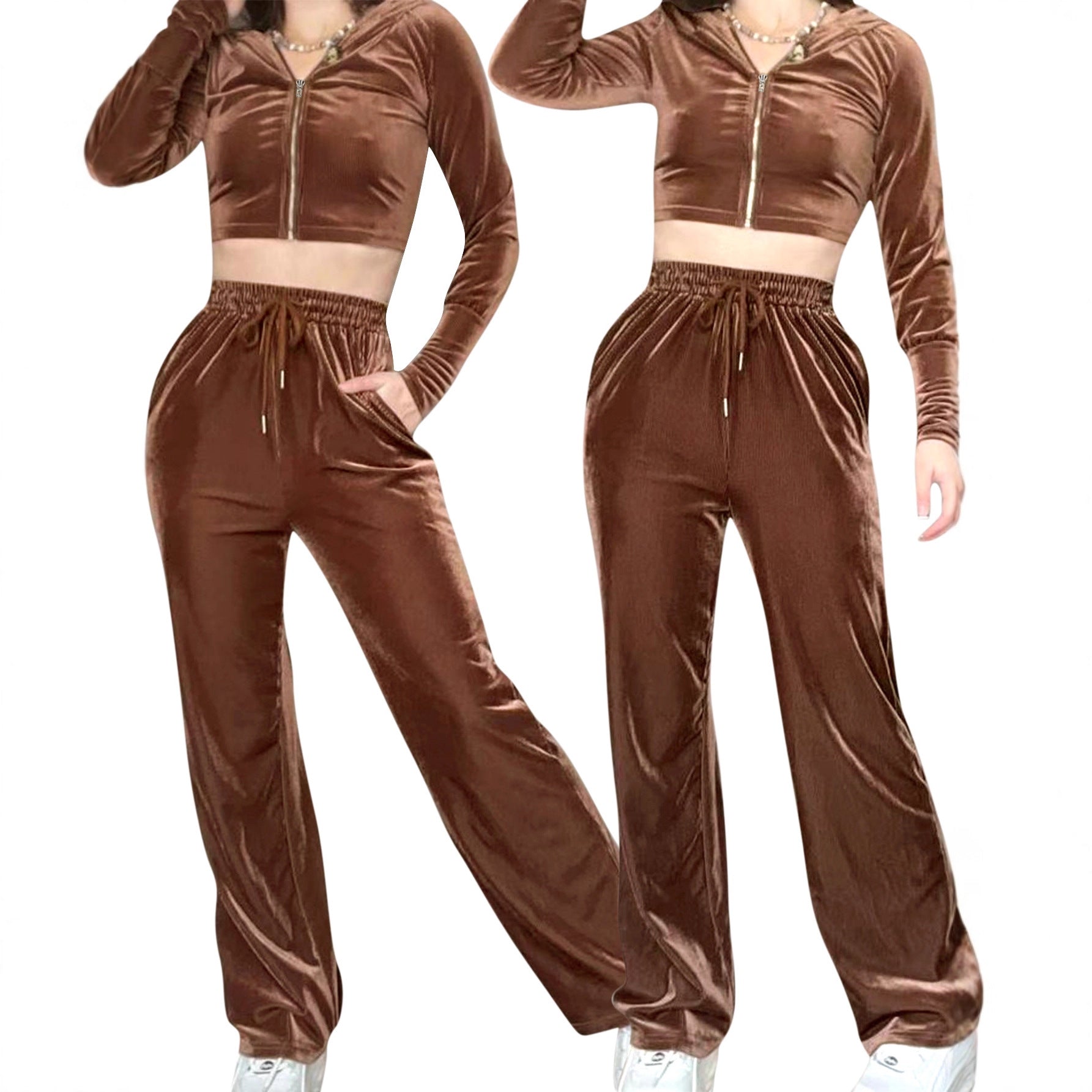 Ensemble deux pièces comprenant un haut à capuche zippé à manches longues avec poches à cordon et un pantalon.