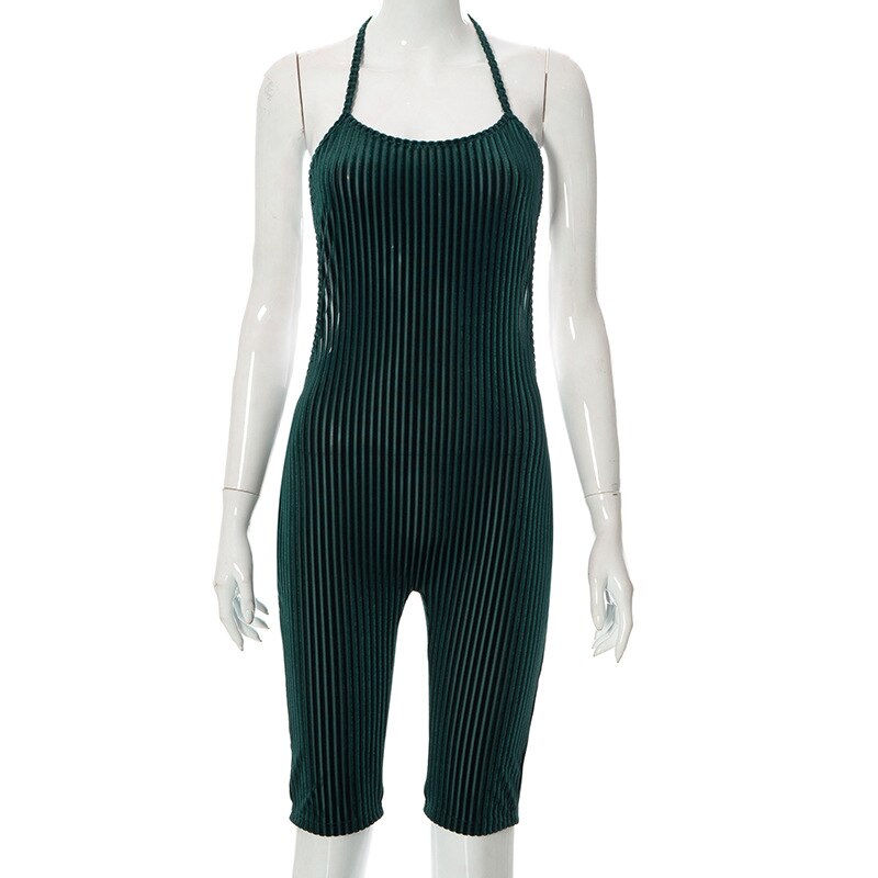 Combinaison courte dos nu en velours côtelé sexy pour femme, à col halter et bretelles fines.