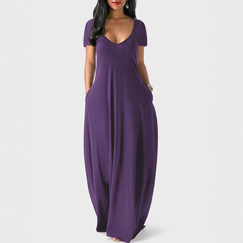 Robe d'été grande taille unie pour femme, sexy, décolleté plongeant en V, manches courtes, longue