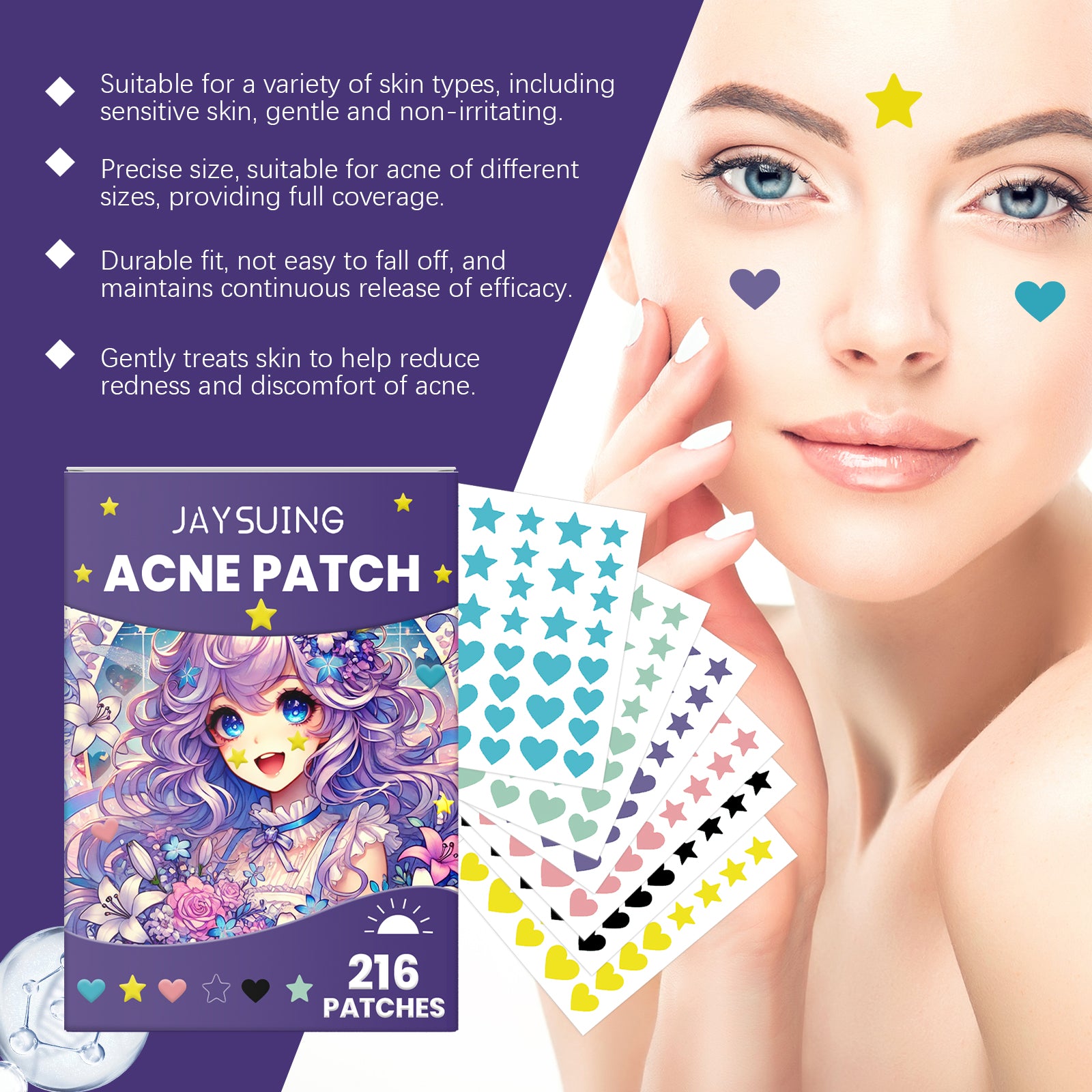 Colored, printed anti-acne patch for the face, for optimal comfort and softness.