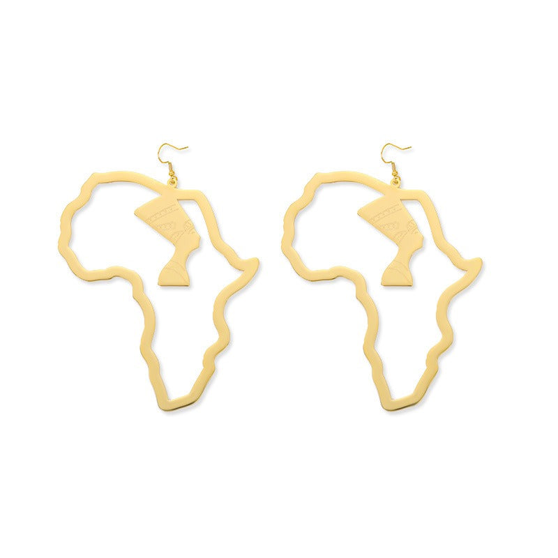 Boucles d'oreilles en acier inoxydable doré, motif portrait ajouré de la reine égyptienne, parure ethnique africaine.