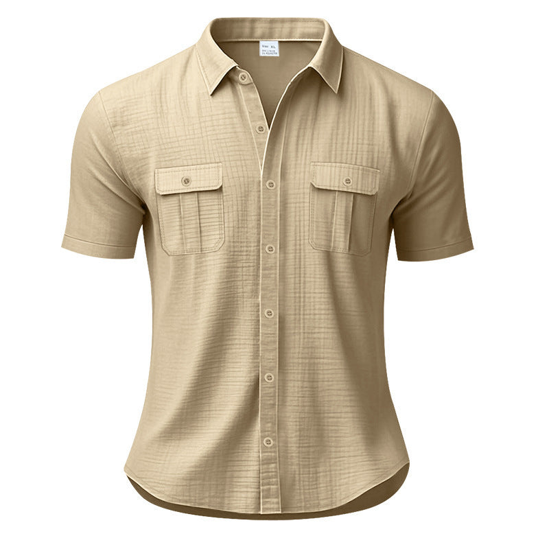Men's short-sleeve casual linen shirt, solid color, patch pocket, button-down, loose fit, turn-down collar