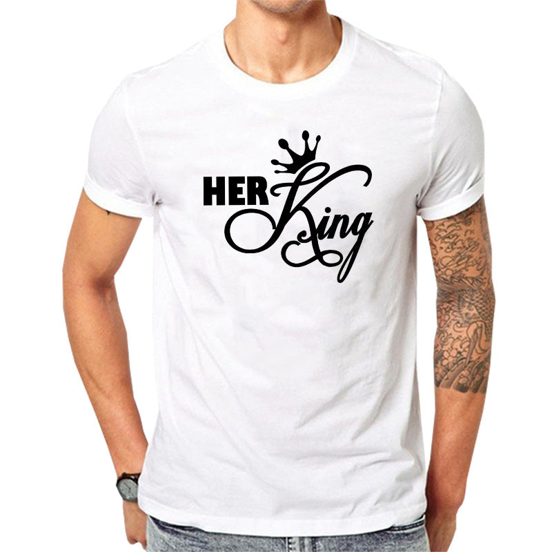 17.46 USD T-shirts à manches courtes pour couples, imprimé couronne roi/reine, style décontracté
